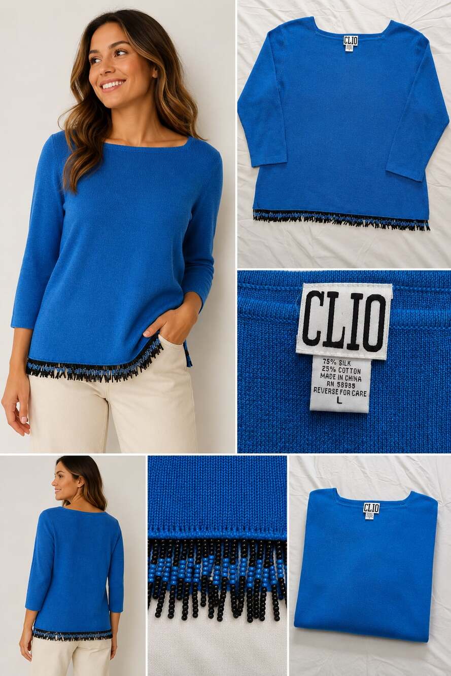 Clio Silk Blend Sweater Women's L Blue 3/4 Sleeve Beaded Fringe Hem Top